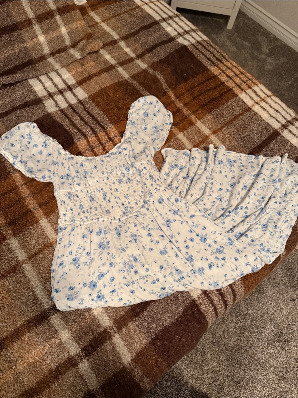 Aeropostale White “Milk maid” style Dress with Blue Floral Print - Midi